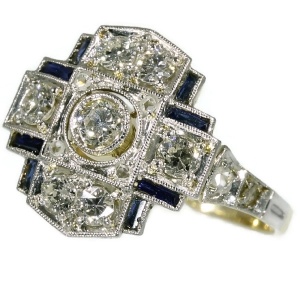 Art Deco engagement ring with diamonds and sapphires